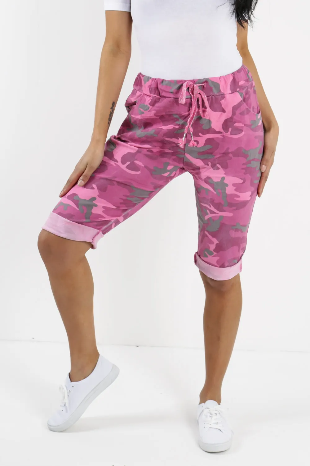Ladies Italian Stretch Shorts Women's camouflage Plain Magic Comfy Lagenlook Hot Pants 8-22