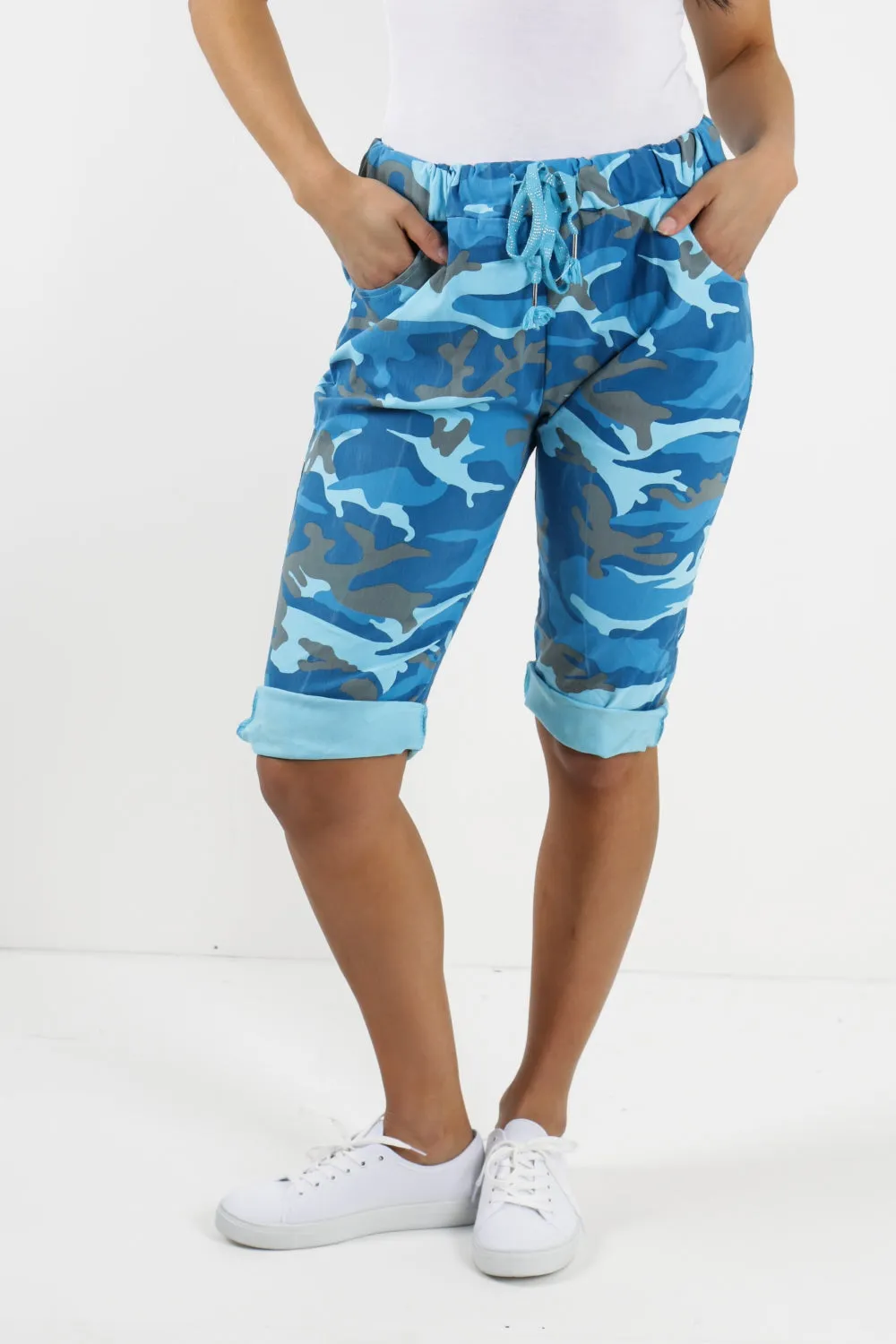 Ladies Italian Stretch Shorts Women's camouflage Plain Magic Comfy Lagenlook Hot Pants 8-22