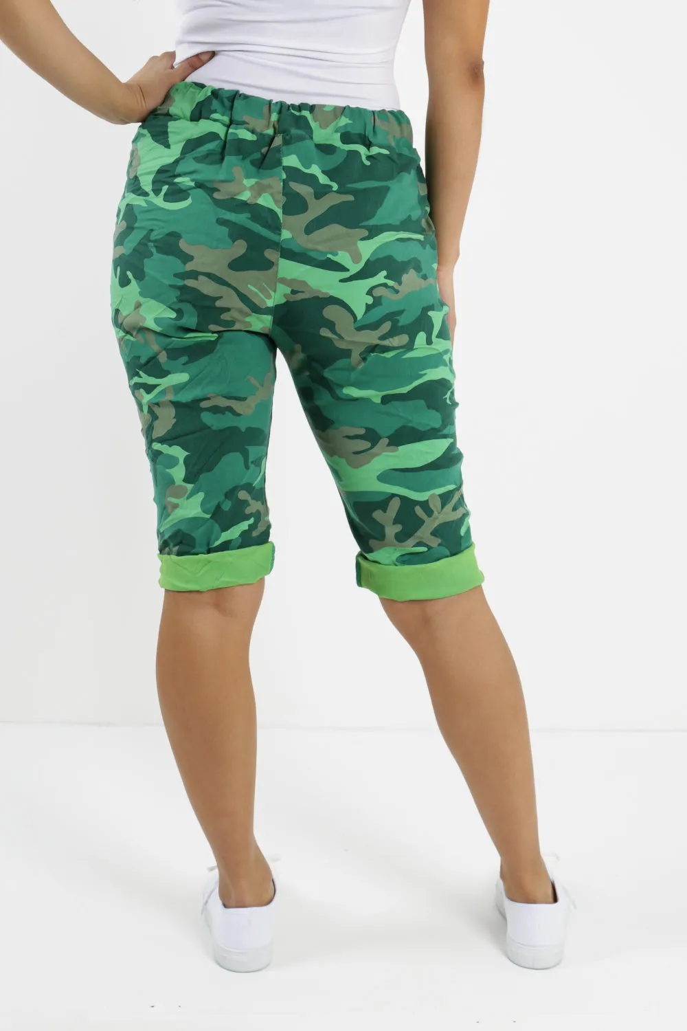 Ladies Italian Stretch Shorts Women's camouflage Plain Magic Comfy Lagenlook Hot Pants 8-22