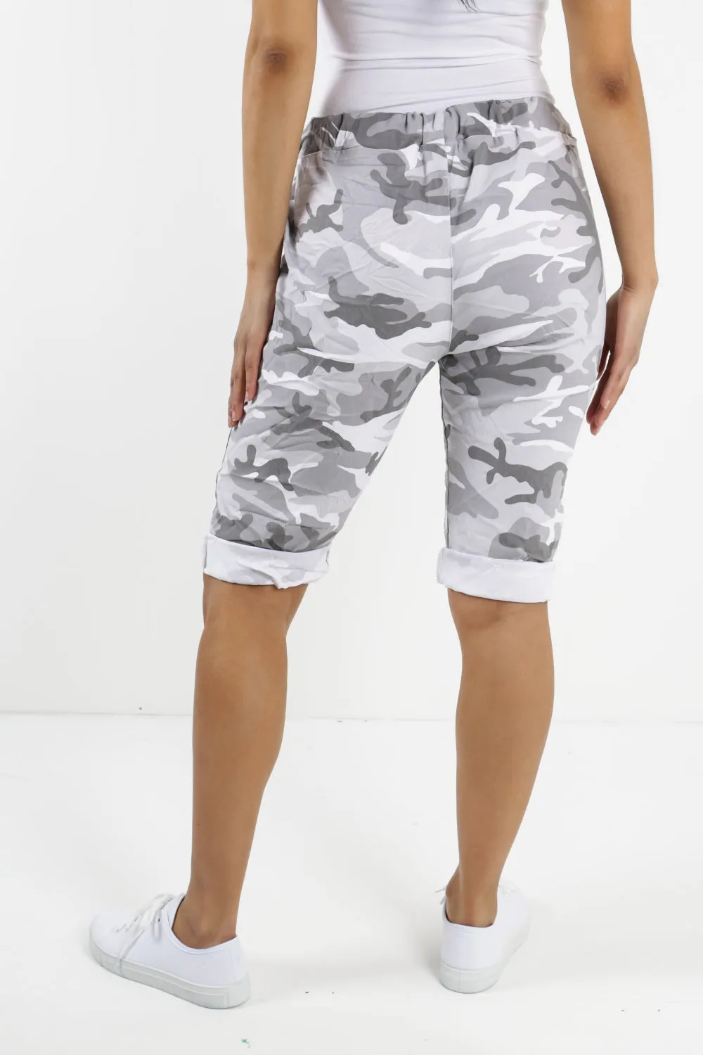 Ladies Italian Stretch Shorts Women's camouflage Plain Magic Comfy Lagenlook Hot Pants 8-22