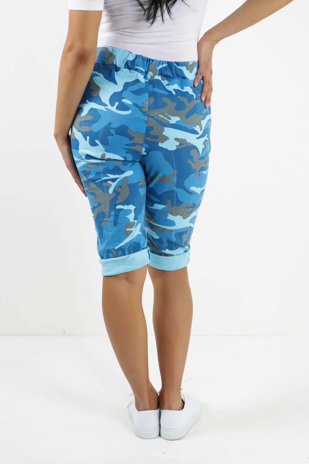 Ladies Italian Stretch Shorts Women's camouflage Plain Magic Comfy Lagenlook Hot Pants 8-22