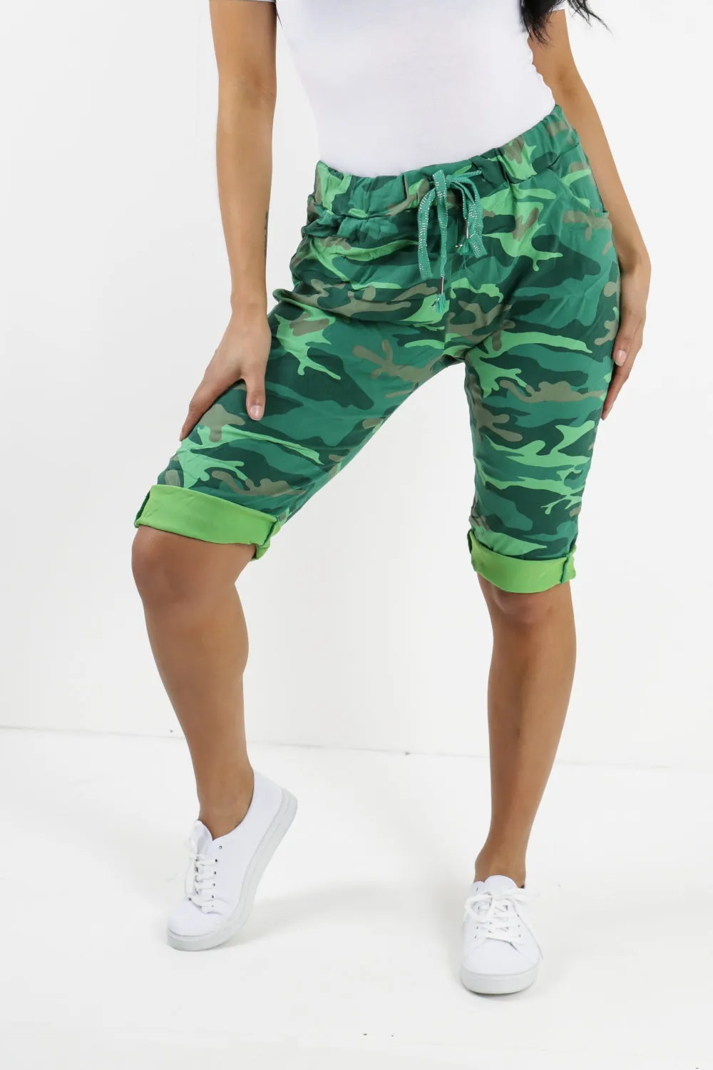 Ladies Italian Stretch Shorts Women's camouflage Plain Magic Comfy Lagenlook Hot Pants 8-22