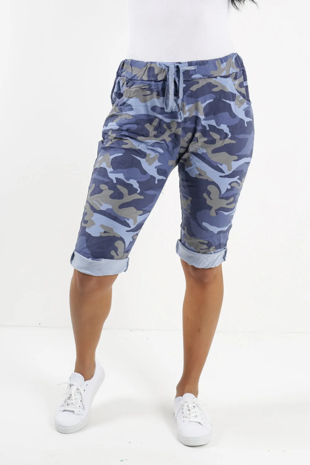 Ladies Italian Stretch Shorts Women's camouflage Plain Magic Comfy Lagenlook Hot Pants 8-22
