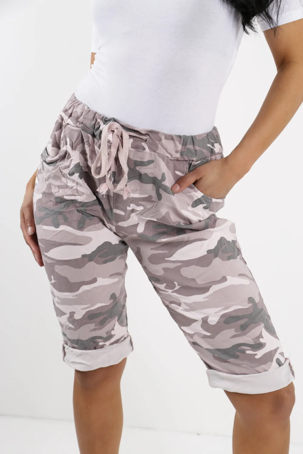 Ladies Italian Stretch Shorts Women's camouflage Plain Magic Comfy Lagenlook Hot Pants 8-22