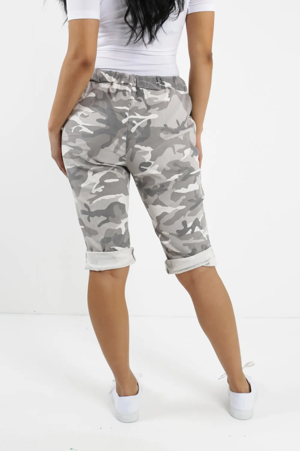 Ladies Italian Stretch Shorts Women's camouflage Plain Magic Comfy Lagenlook Hot Pants 8-22