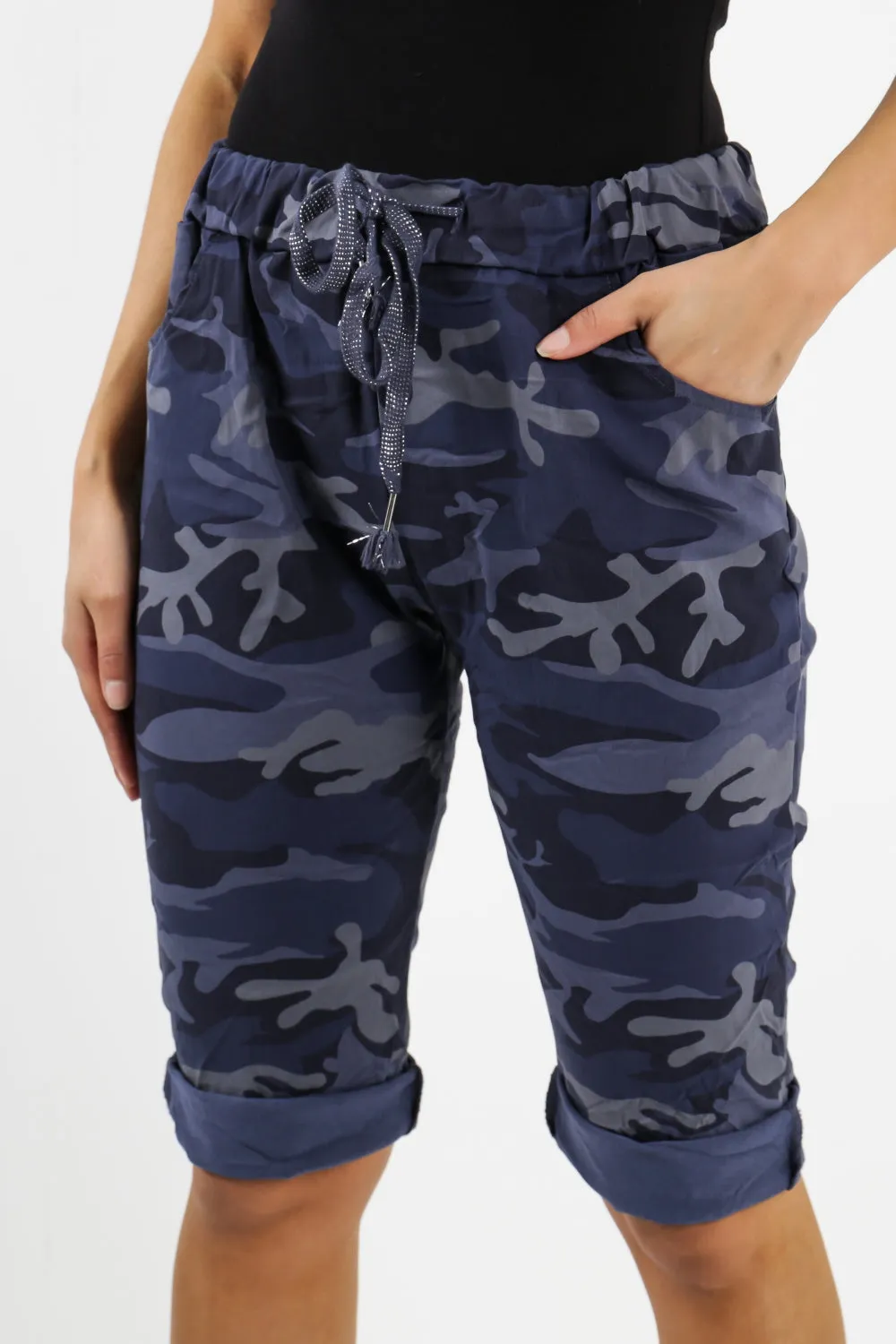 Ladies Italian Stretch Shorts Women's camouflage Plain Magic Comfy Lagenlook Hot Pants 8-22