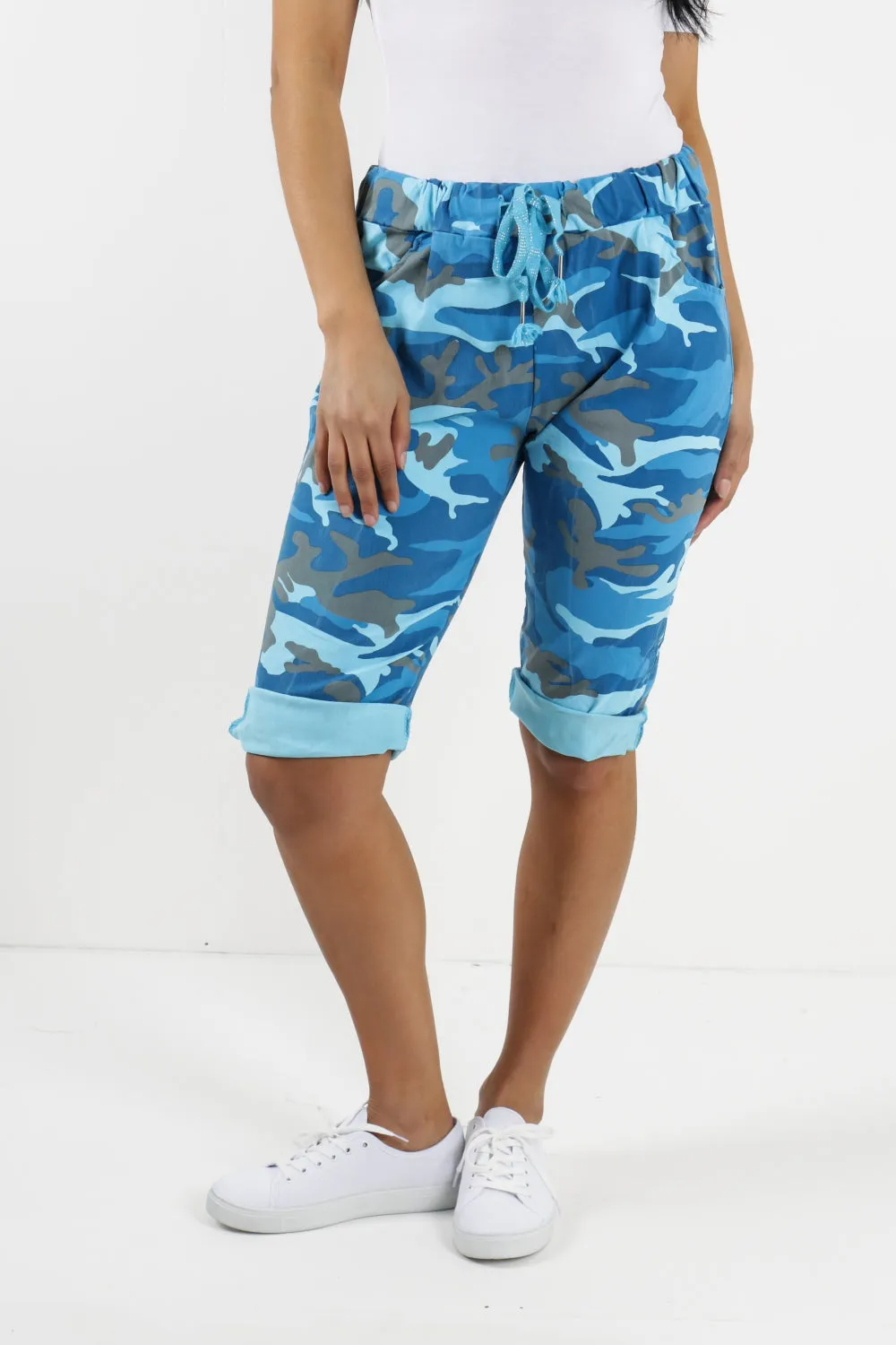 Ladies Italian Stretch Shorts Women's camouflage Plain Magic Comfy Lagenlook Hot Pants 8-22