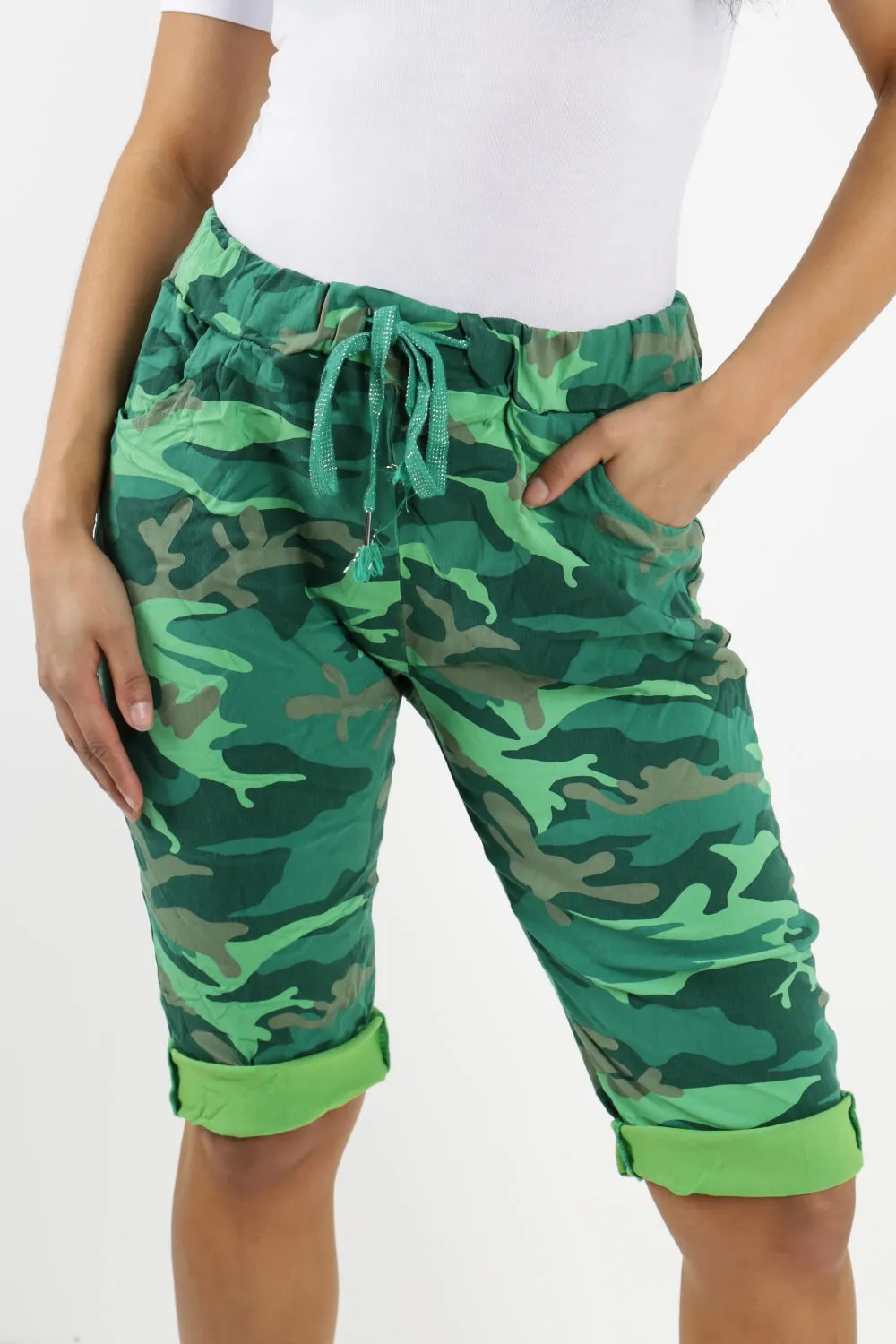 Ladies Italian Stretch Shorts Women's camouflage Plain Magic Comfy Lagenlook Hot Pants 8-22