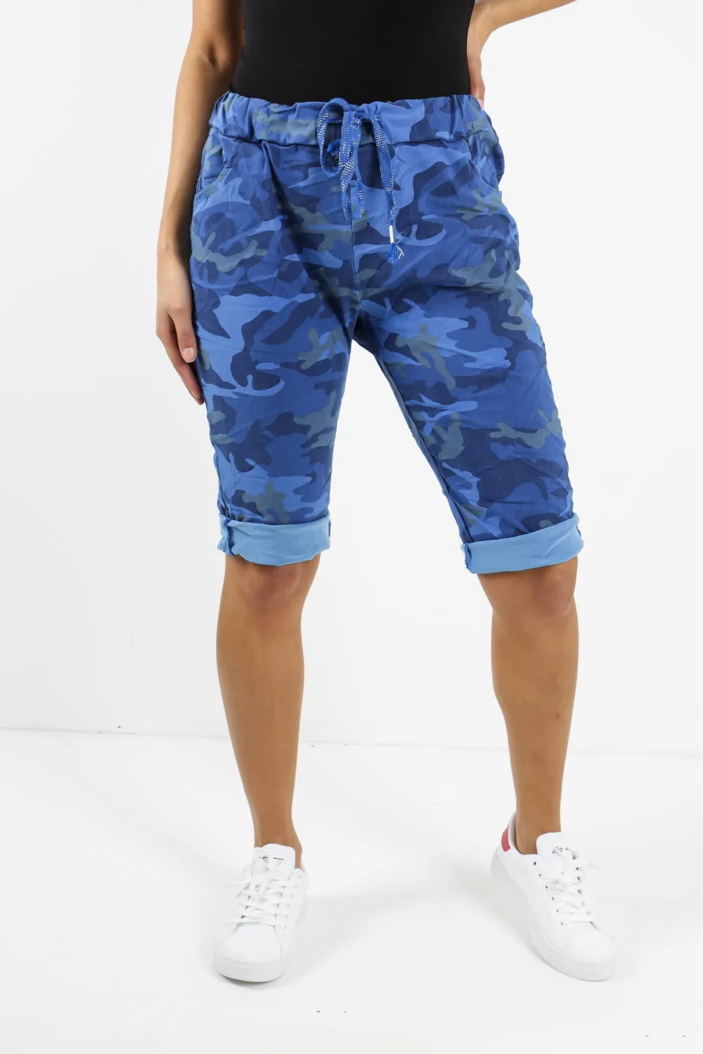 Ladies Italian Stretch Shorts Women's camouflage Plain Magic Comfy Lagenlook Hot Pants 8-22