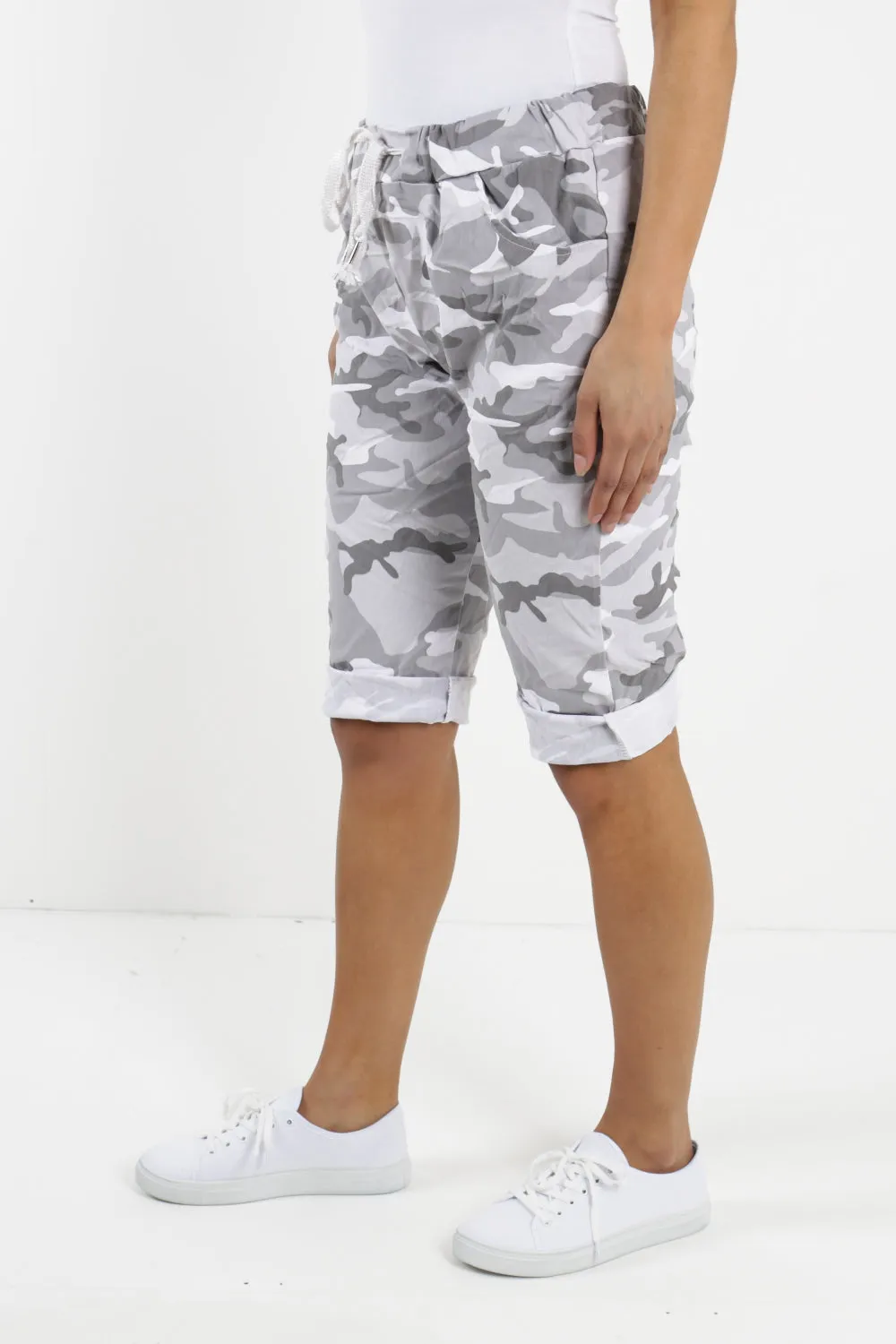 Ladies Italian Stretch Shorts Women's camouflage Plain Magic Comfy Lagenlook Hot Pants 8-22