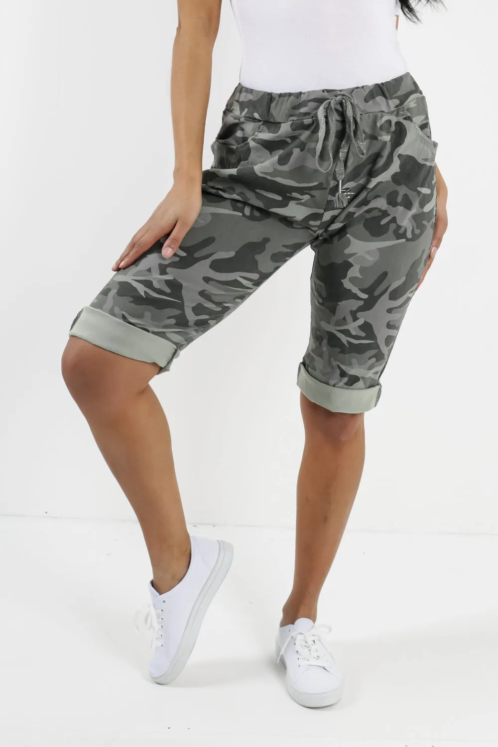Ladies Italian Stretch Shorts Women's camouflage Plain Magic Comfy Lagenlook Hot Pants 8-22