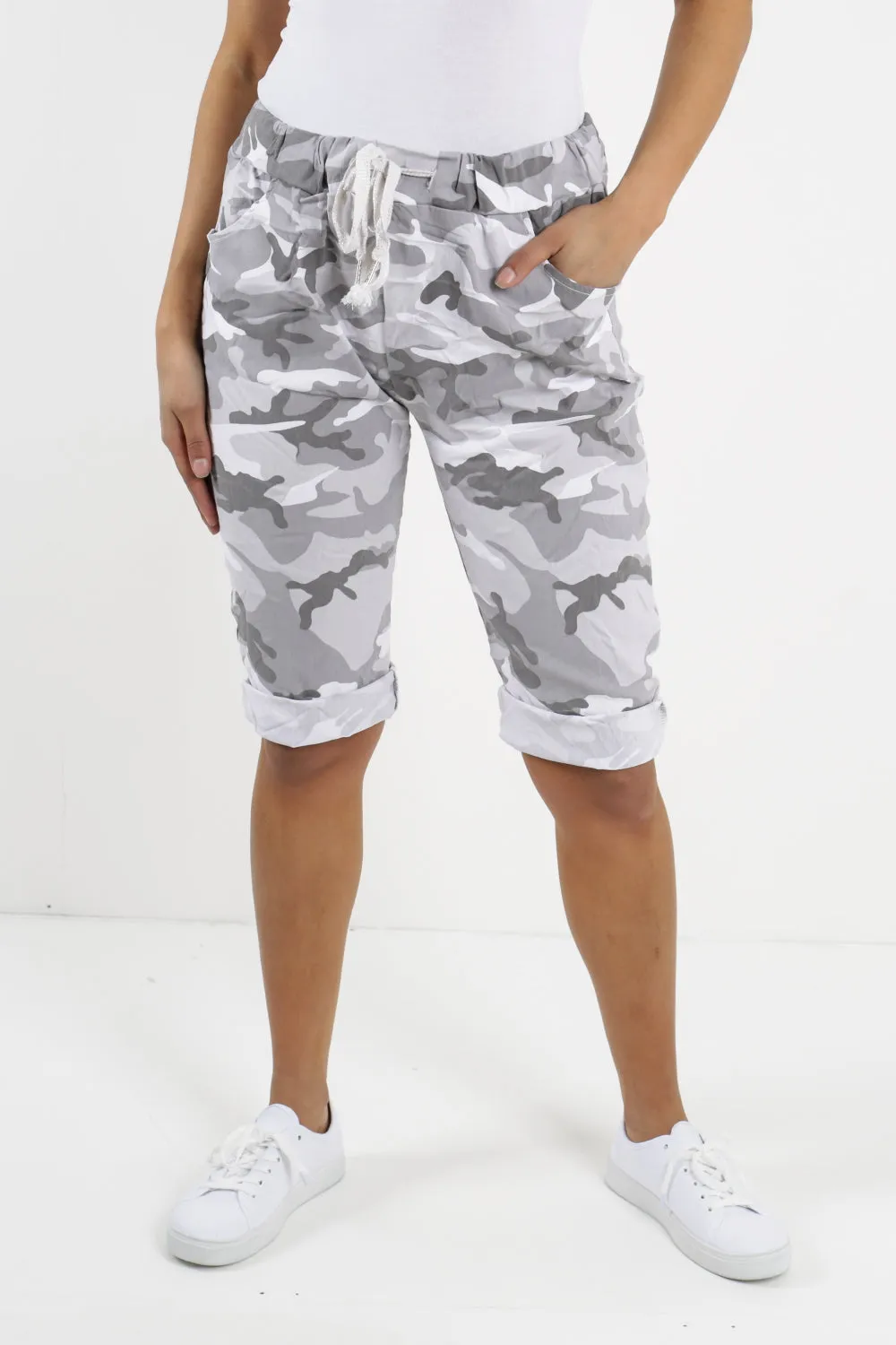 Ladies Italian Stretch Shorts Women's camouflage Plain Magic Comfy Lagenlook Hot Pants 8-22