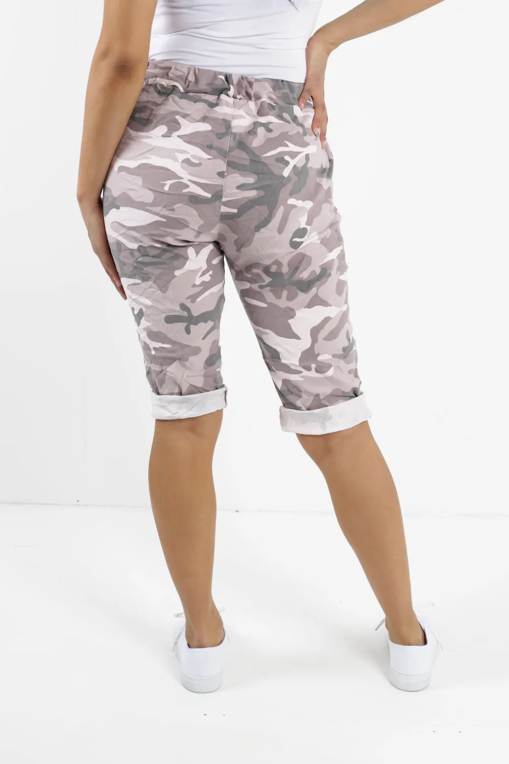 Ladies Italian Stretch Shorts Women's camouflage Plain Magic Comfy Lagenlook Hot Pants 8-22
