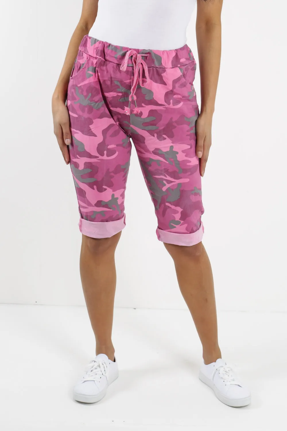 Ladies Italian Stretch Shorts Women's camouflage Plain Magic Comfy Lagenlook Hot Pants 8-22