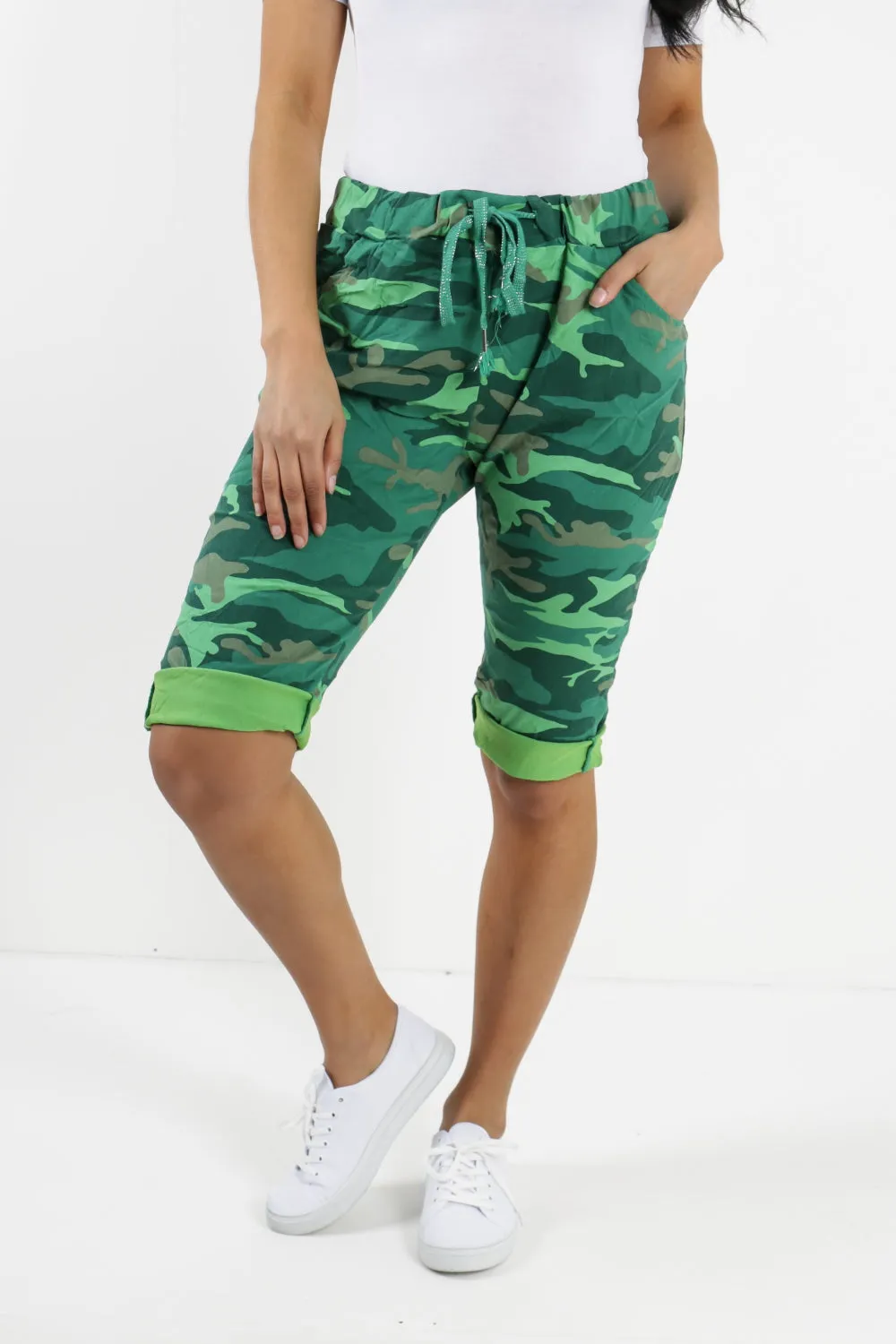 Ladies Italian Stretch Shorts Women's camouflage Plain Magic Comfy Lagenlook Hot Pants 8-22