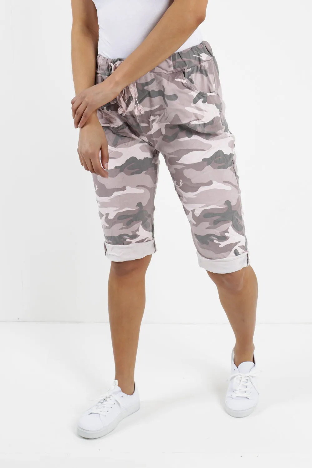 Ladies Italian Stretch Shorts Women's camouflage Plain Magic Comfy Lagenlook Hot Pants 8-22