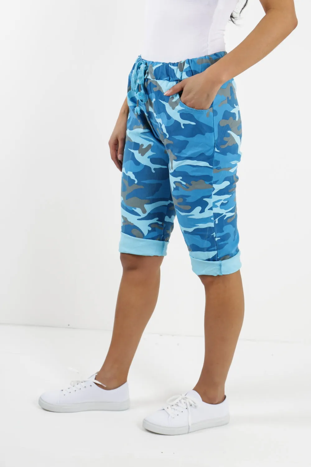 Ladies Italian Stretch Shorts Women's camouflage Plain Magic Comfy Lagenlook Hot Pants 8-22