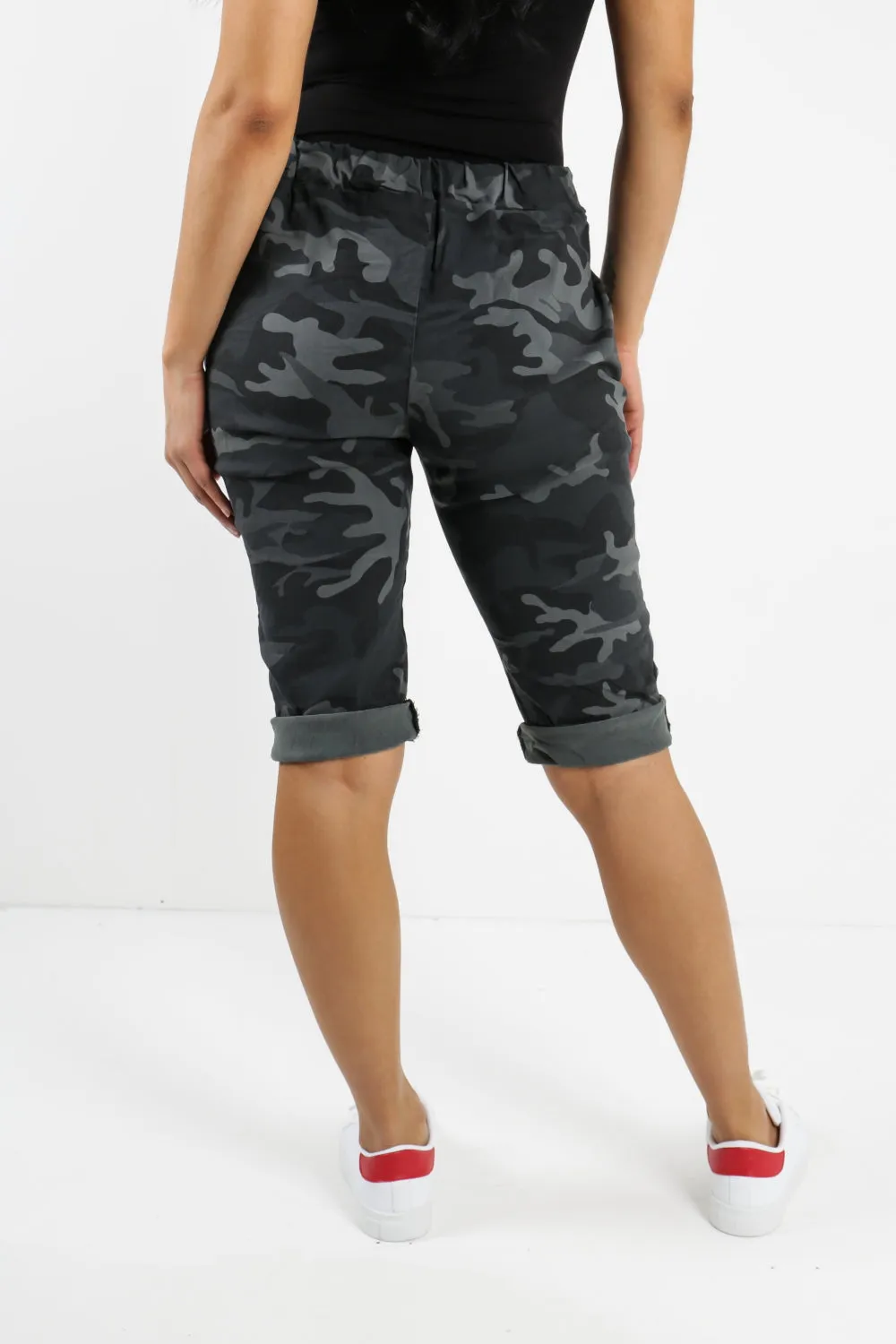 Ladies Italian Stretch Shorts Women's camouflage Plain Magic Comfy Lagenlook Hot Pants 8-22