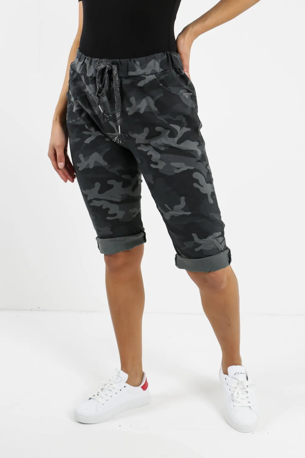 Ladies Italian Stretch Shorts Women's camouflage Plain Magic Comfy Lagenlook Hot Pants 8-22