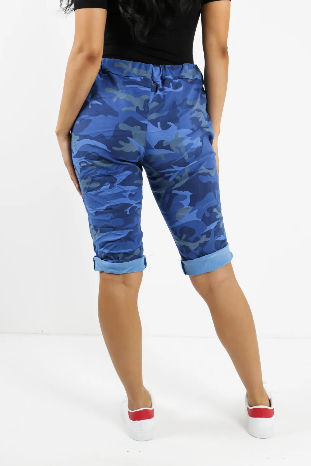 Ladies Italian Stretch Shorts Women's camouflage Plain Magic Comfy Lagenlook Hot Pants 8-22