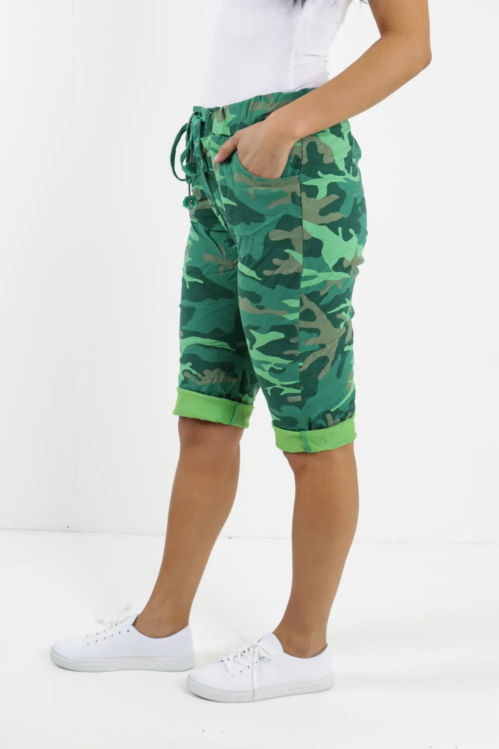 Ladies Italian Stretch Shorts Women's camouflage Plain Magic Comfy Lagenlook Hot Pants 8-22