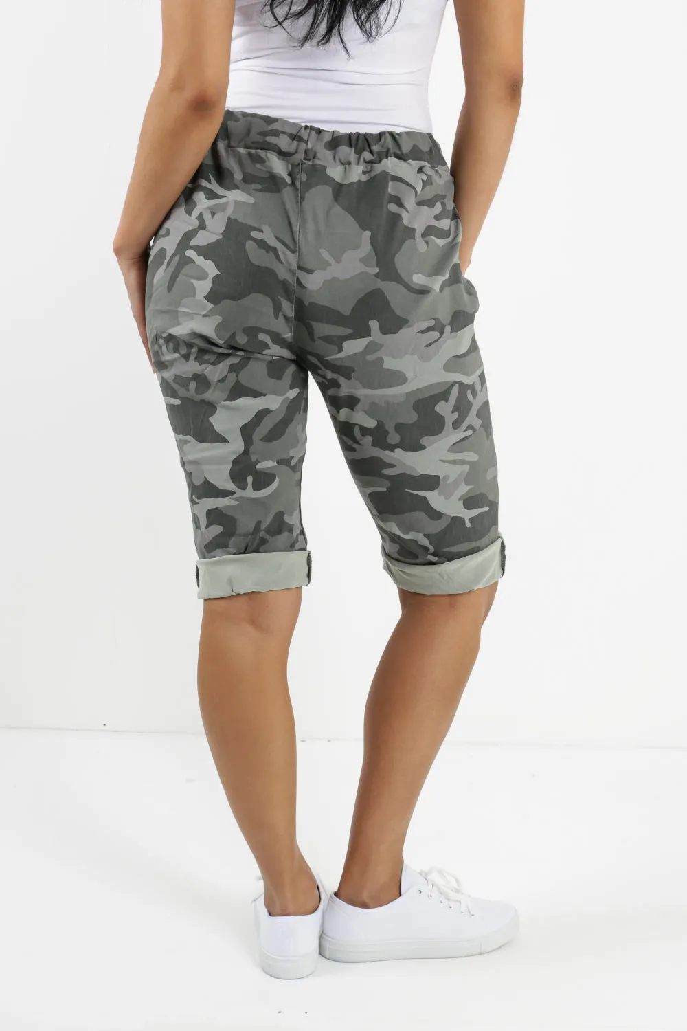 Ladies Italian Stretch Shorts Women's camouflage Plain Magic Comfy Lagenlook Hot Pants 8-22