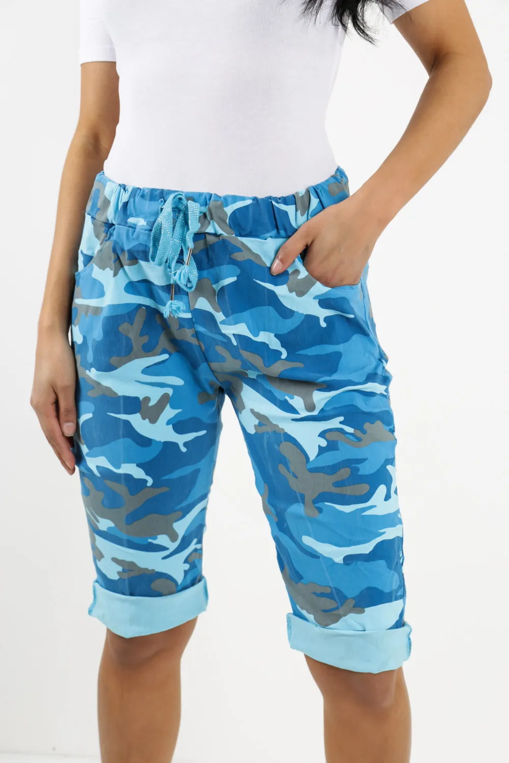 Ladies Italian Stretch Shorts Women's camouflage Plain Magic Comfy Lagenlook Hot Pants 8-22