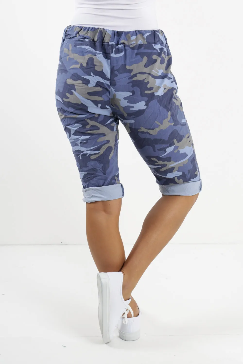 Ladies Italian Stretch Shorts Women's camouflage Plain Magic Comfy Lagenlook Hot Pants 8-22
