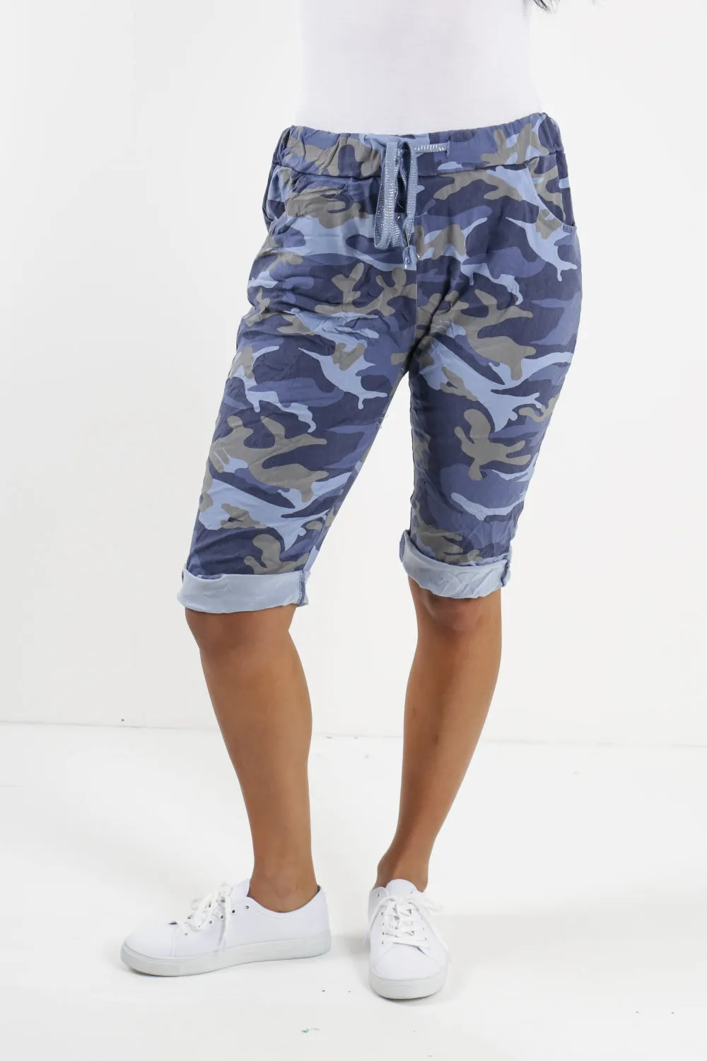 Ladies Italian Stretch Shorts Women's camouflage Plain Magic Comfy Lagenlook Hot Pants 8-22