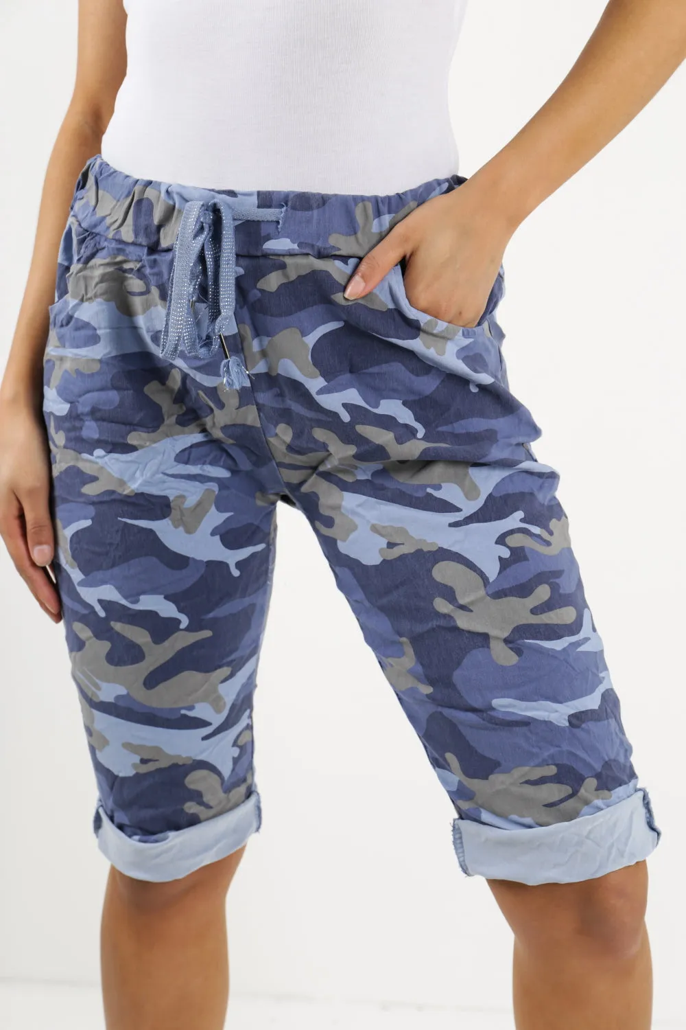 Ladies Italian Stretch Shorts Women's camouflage Plain Magic Comfy Lagenlook Hot Pants 8-22