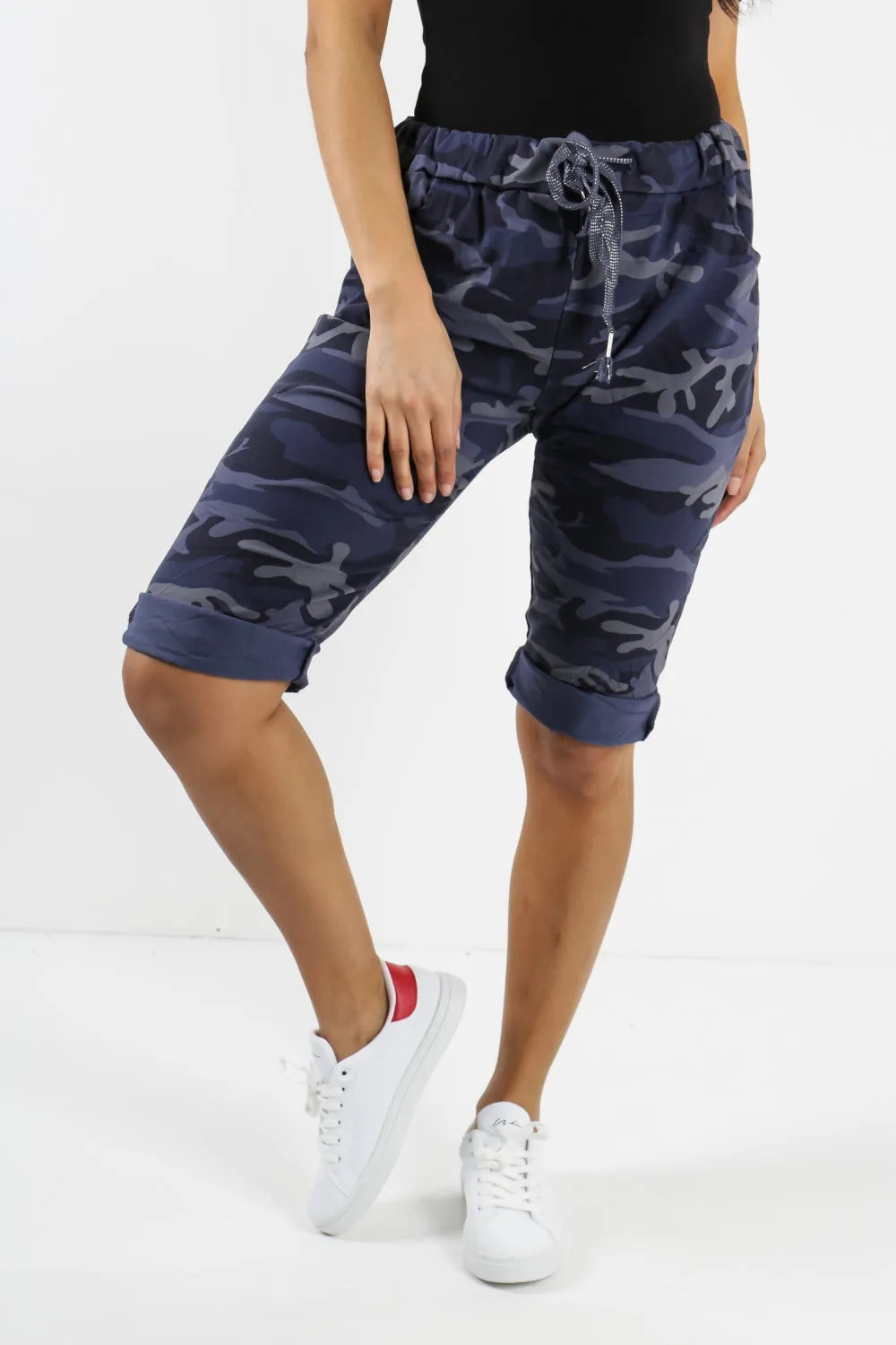 Ladies Italian Stretch Shorts Women's camouflage Plain Magic Comfy Lagenlook Hot Pants 8-22