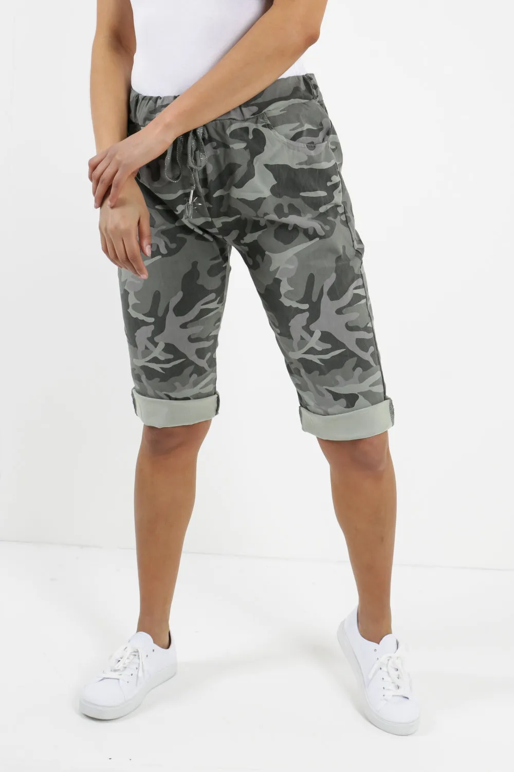 Ladies Italian Stretch Shorts Women's camouflage Plain Magic Comfy Lagenlook Hot Pants 8-22