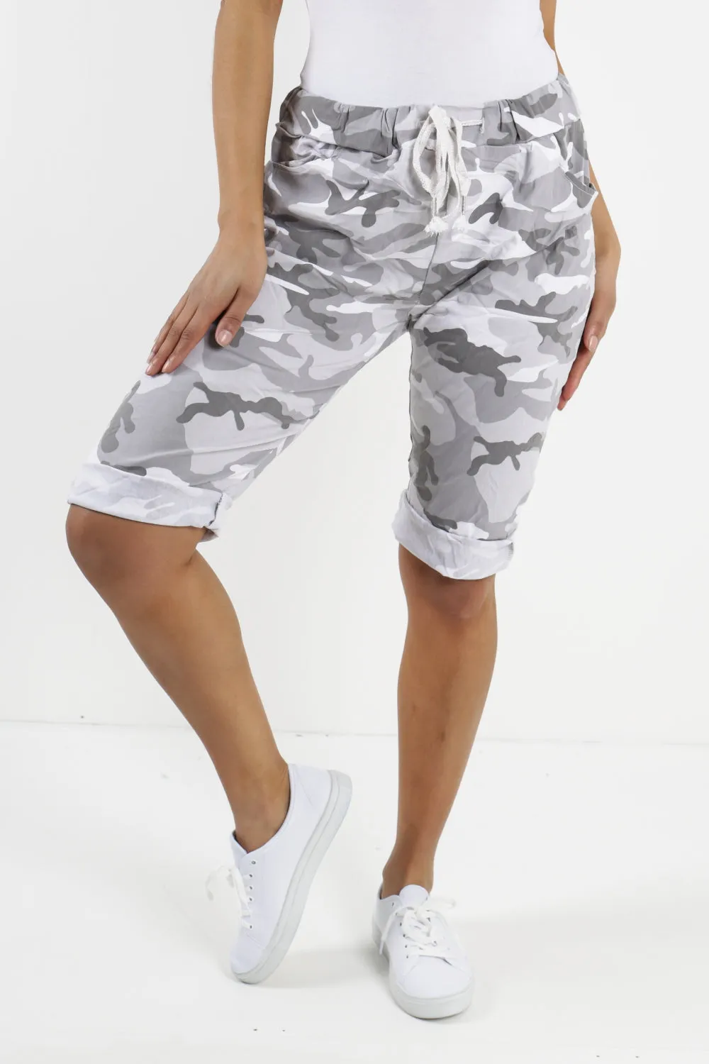 Ladies Italian Stretch Shorts Women's camouflage Plain Magic Comfy Lagenlook Hot Pants 8-22