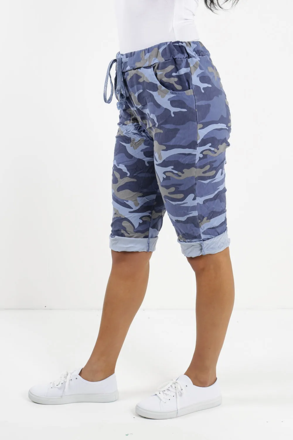 Ladies Italian Stretch Shorts Women's camouflage Plain Magic Comfy Lagenlook Hot Pants 8-22