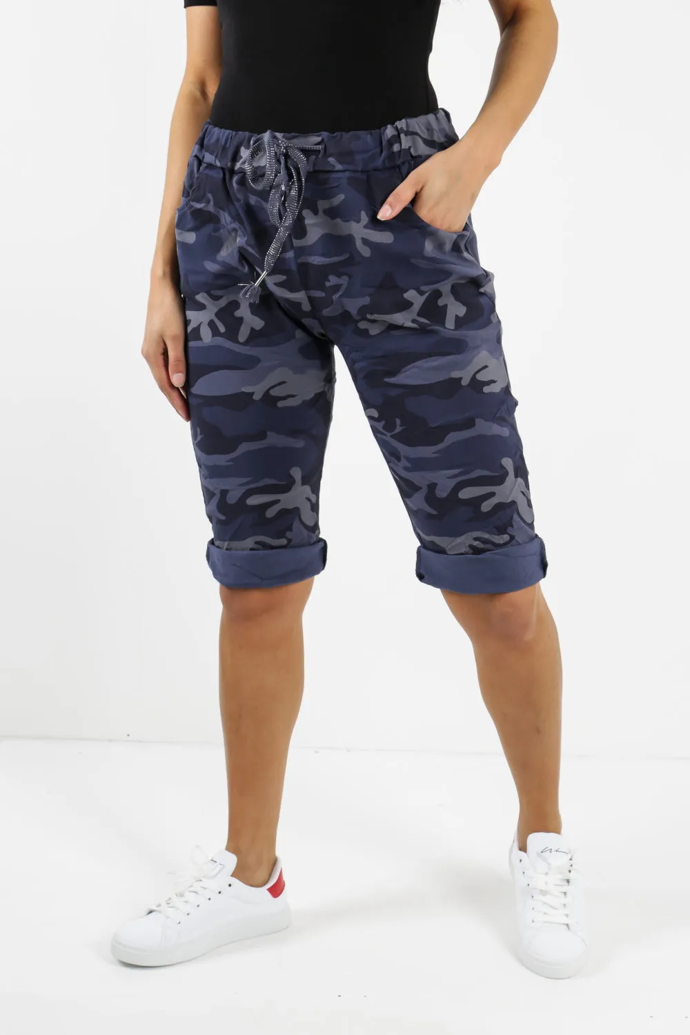 Ladies Italian Stretch Shorts Women's camouflage Plain Magic Comfy Lagenlook Hot Pants 8-22