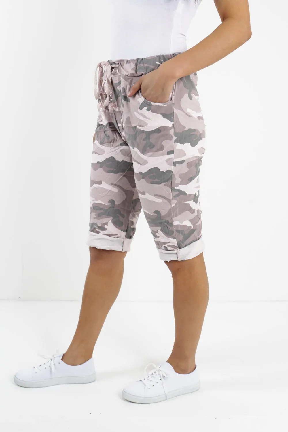 Ladies Italian Stretch Shorts Women's camouflage Plain Magic Comfy Lagenlook Hot Pants 8-22