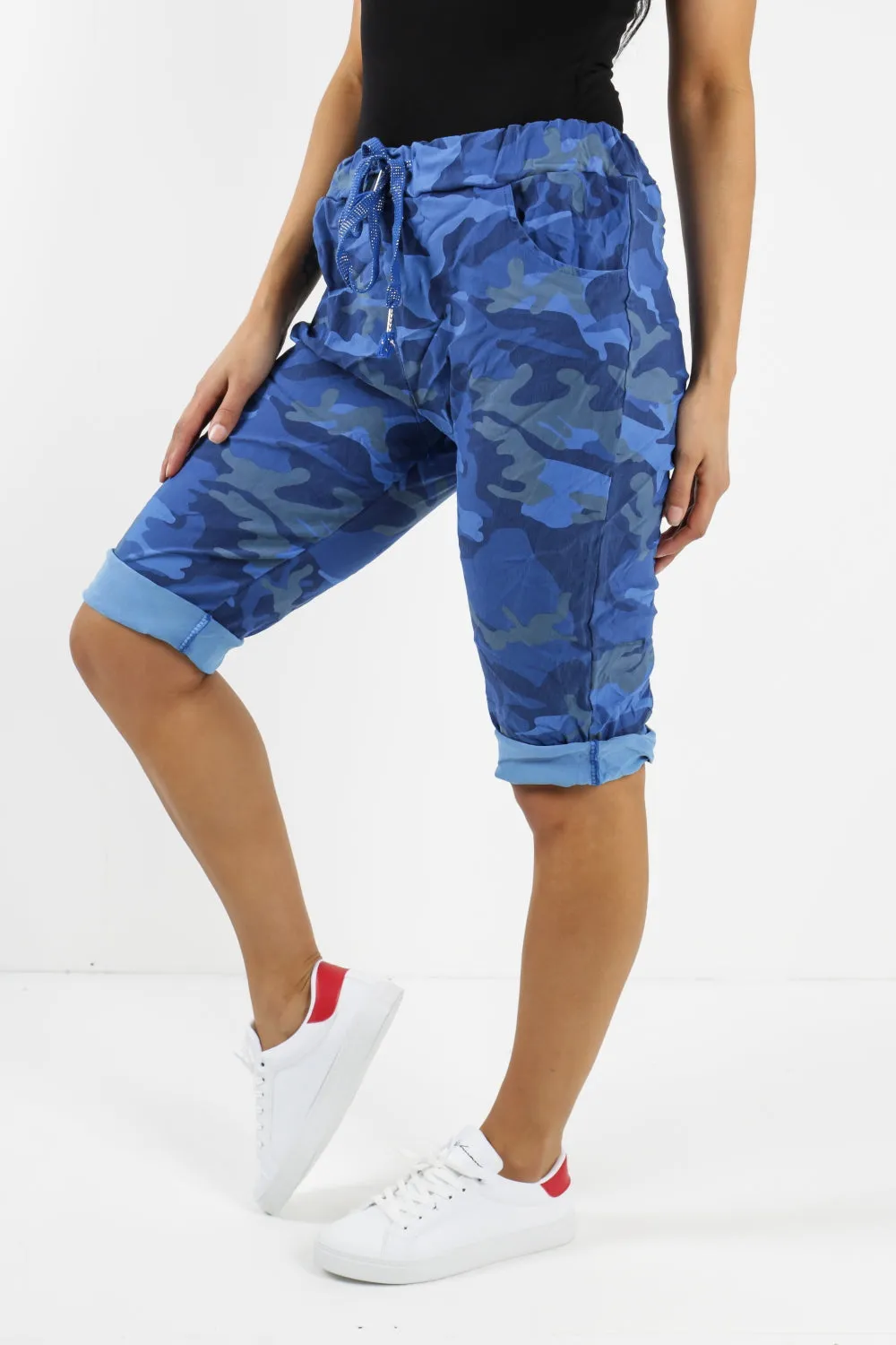 Ladies Italian Stretch Shorts Women's camouflage Plain Magic Comfy Lagenlook Hot Pants 8-22