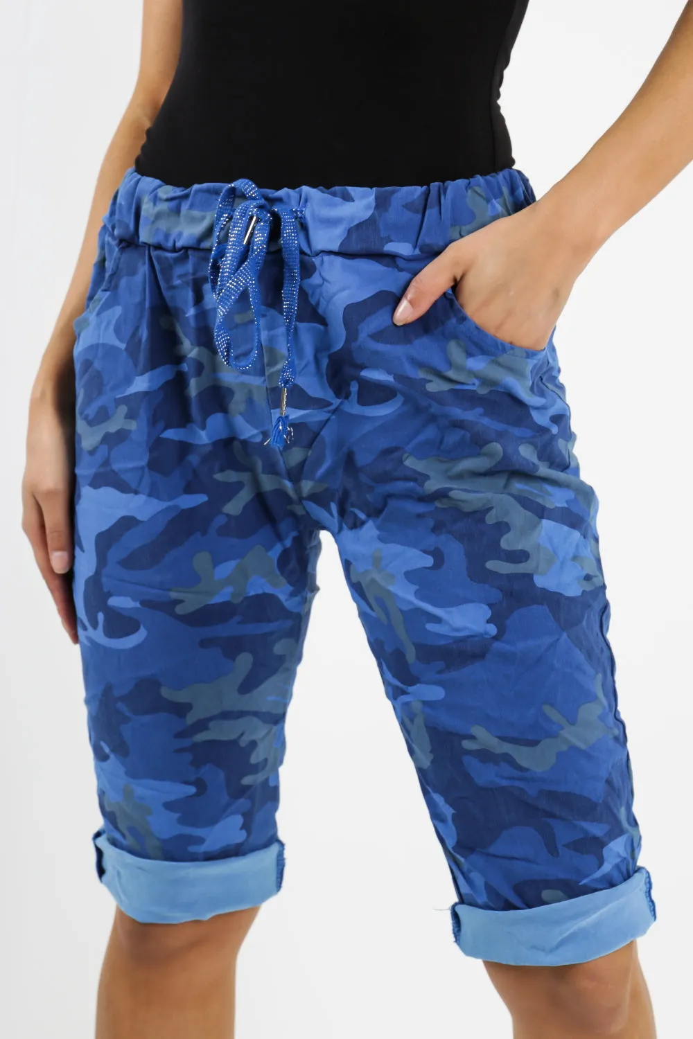 Ladies Italian Stretch Shorts Women's camouflage Plain Magic Comfy Lagenlook Hot Pants 8-22