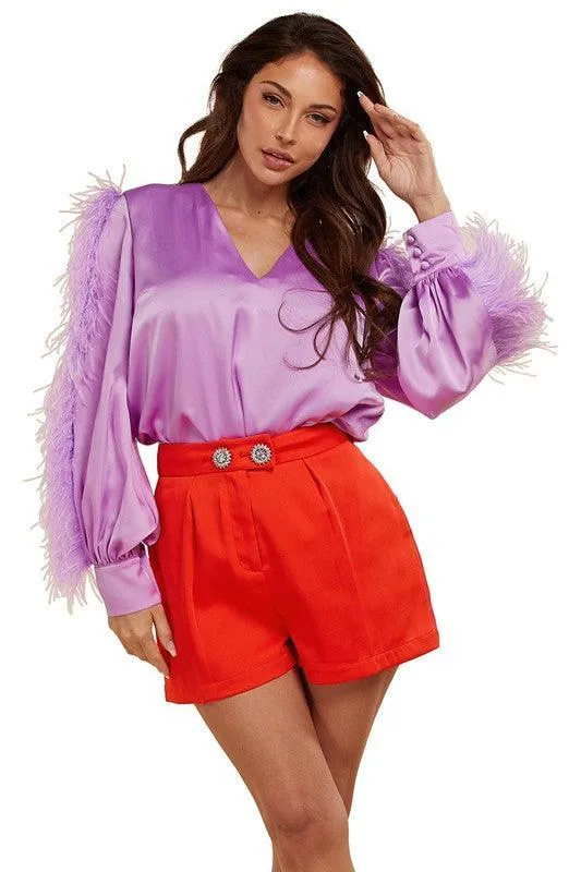 Light Purple  feather detail and Red Orange Two Piece Set