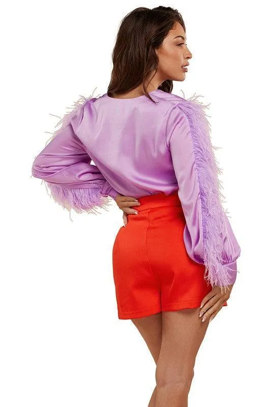 Light Purple  feather detail and Red Orange Two Piece Set