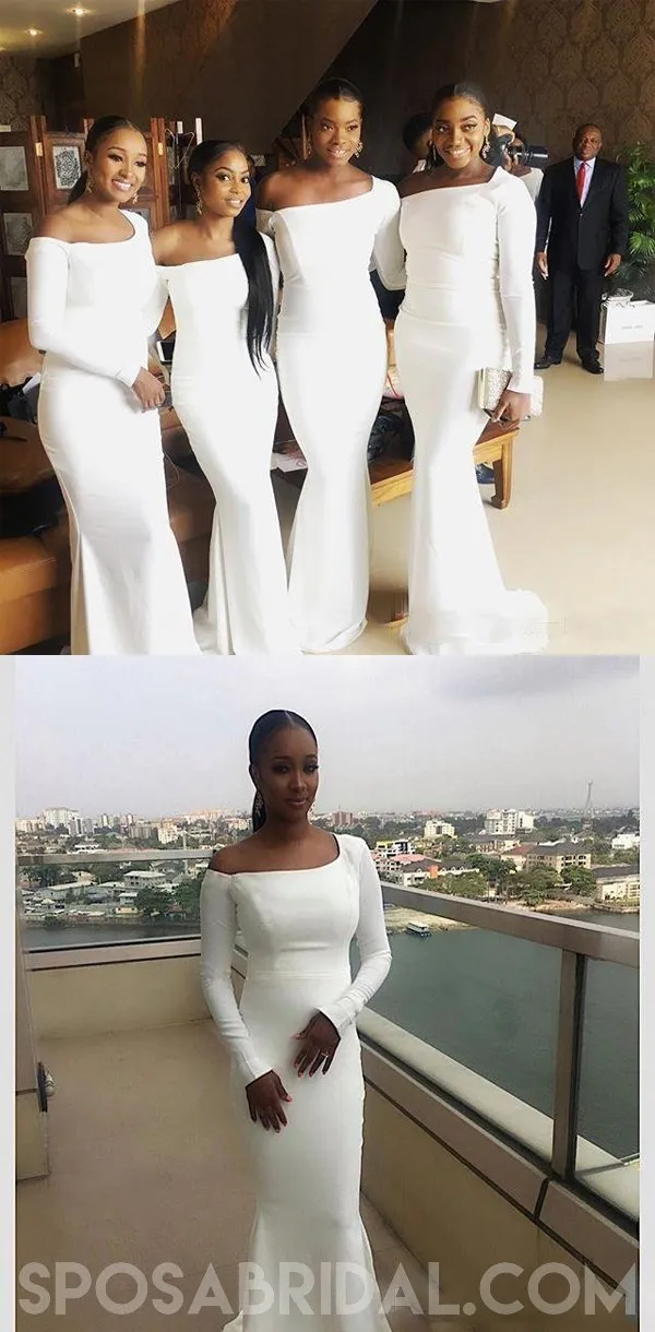 Long Sleeves Simple Fashion White ELegant Modest Cheap Bridesmaid Dresses online, WG402