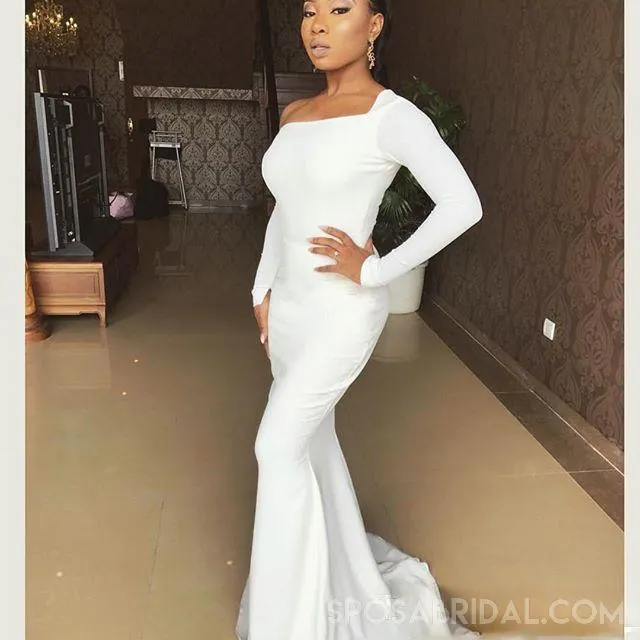 Long Sleeves Simple Fashion White ELegant Modest Cheap Bridesmaid Dresses online, WG402
