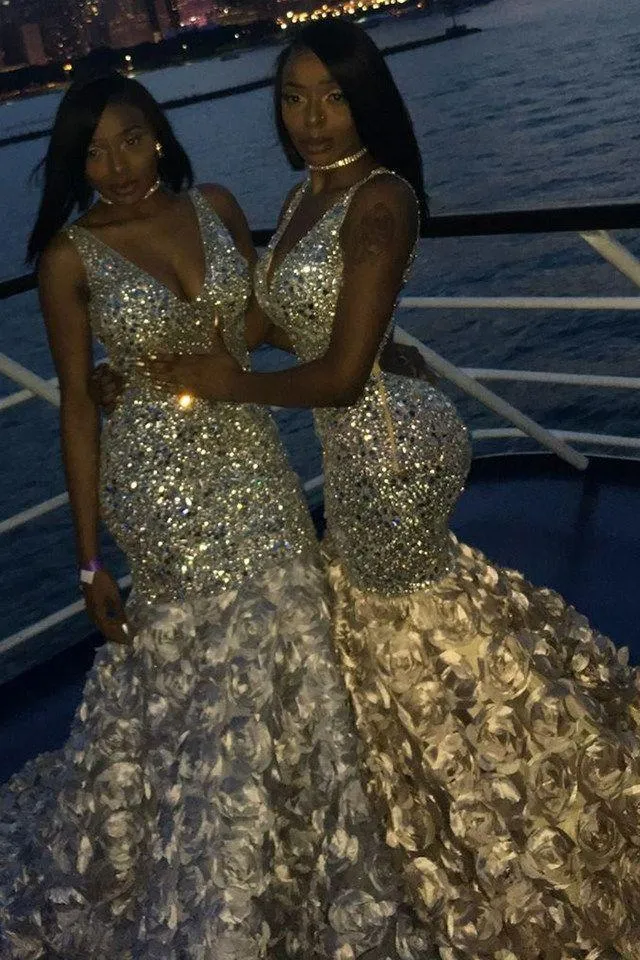 Luxurious Sparkle V-neck Sleeveless Sequin Prom Party Gowns with Puffy Flowers Skirt