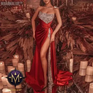 Luxury Floor Length Dresses For Women Wedding Party Clothes Split Strapless Sequins Long Evening Gowns Female Gold  ecoparty