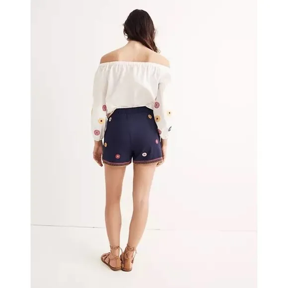 Madewell Embroidered Pull-On Shorts Size XS Navy Blue Medallion Print