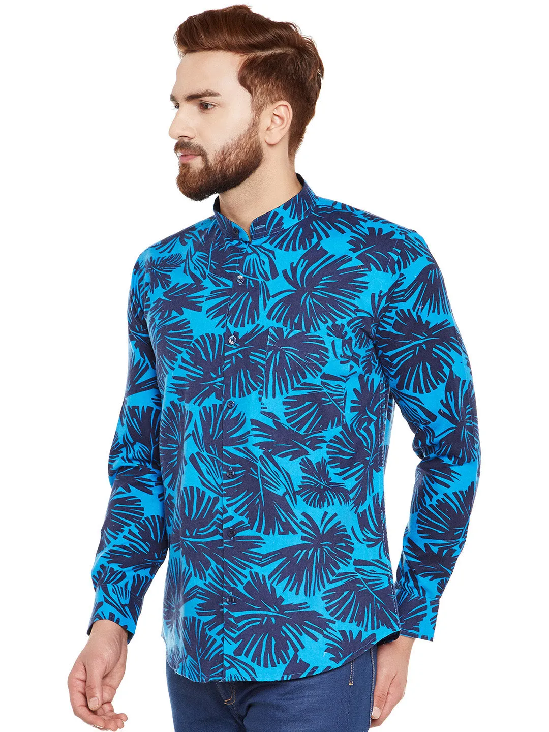 Men Blue Printed Pure Cotton Slim Fit Casual Shirt