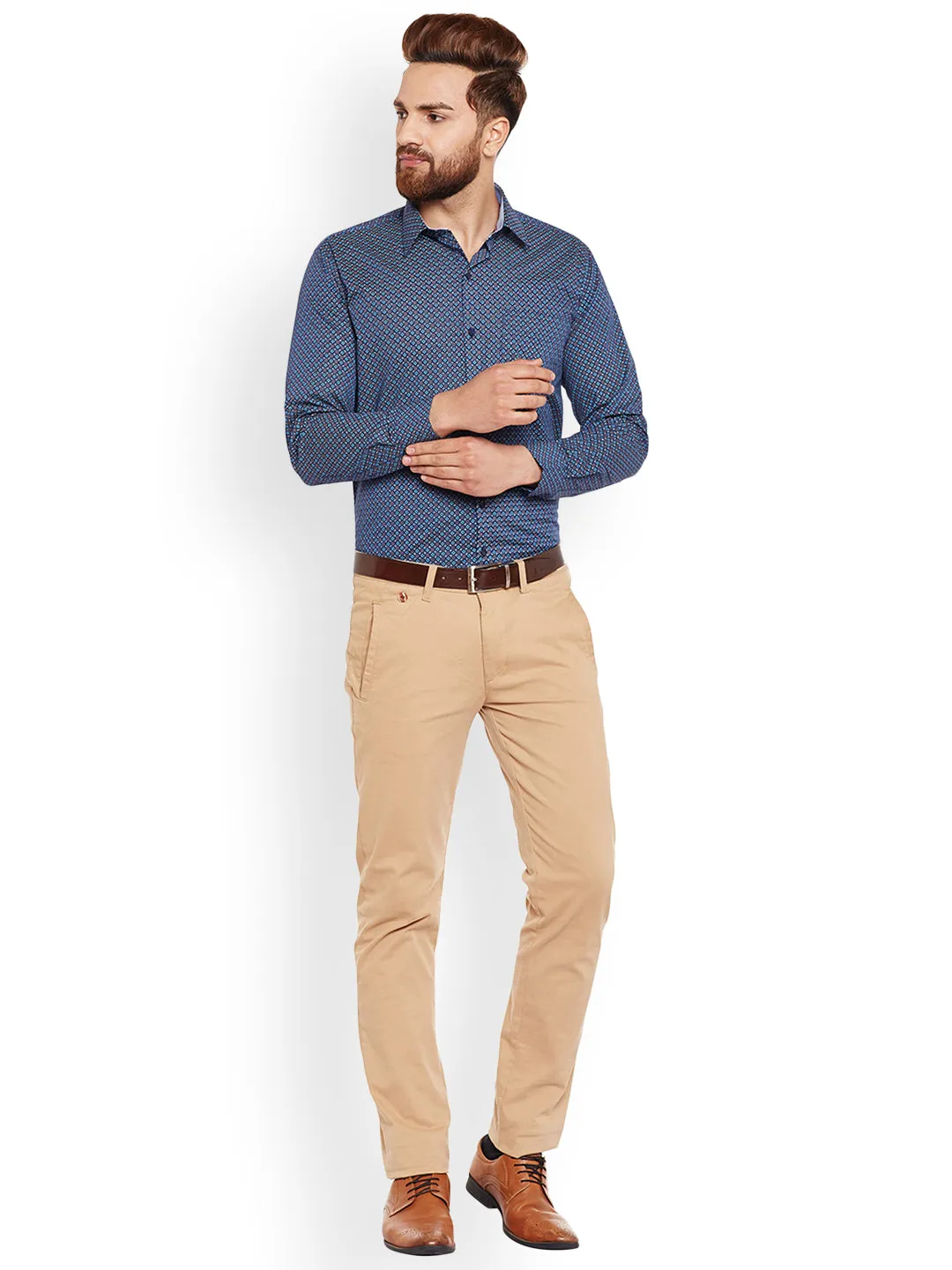 Men Navy Printed Pure Cotton Slim Fir Formal Shirt
