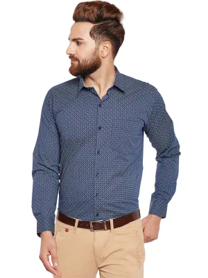 Men Navy Printed Pure Cotton Slim Fir Formal Shirt