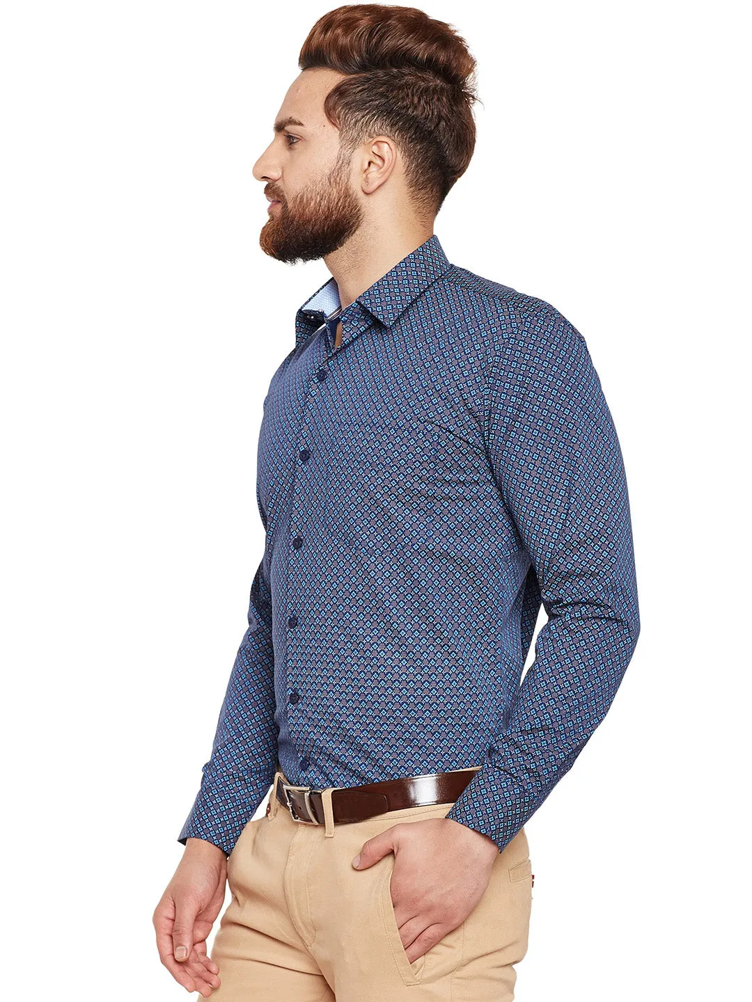 Men Navy Printed Pure Cotton Slim Fir Formal Shirt
