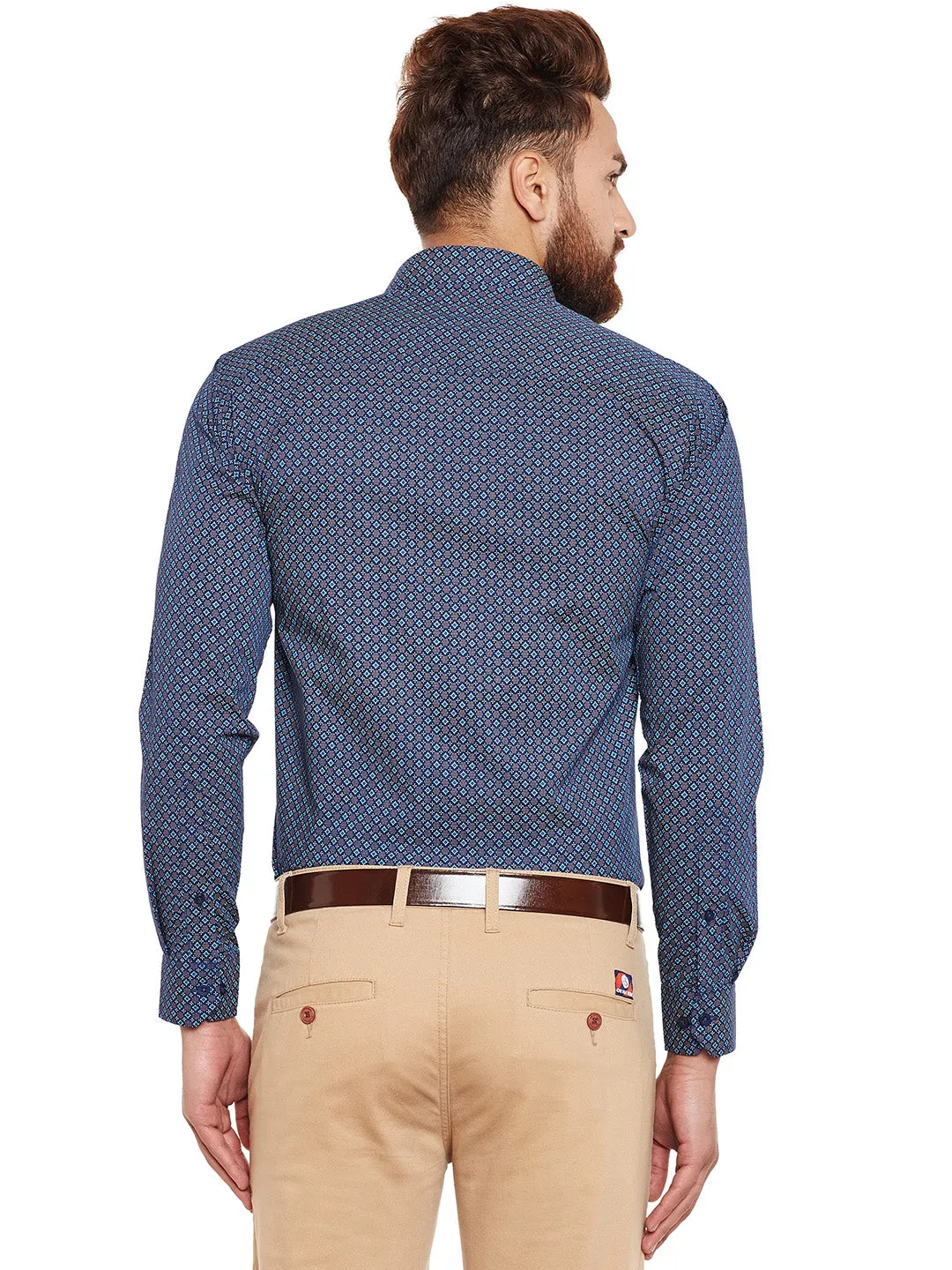 Men Navy Printed Pure Cotton Slim Fir Formal Shirt